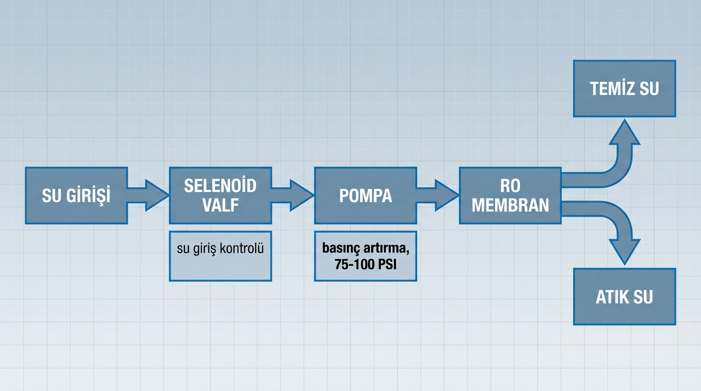 Pompalı su arıtma sistemi diyagramı pompa selenoid valf membran ve tank bileşenleri