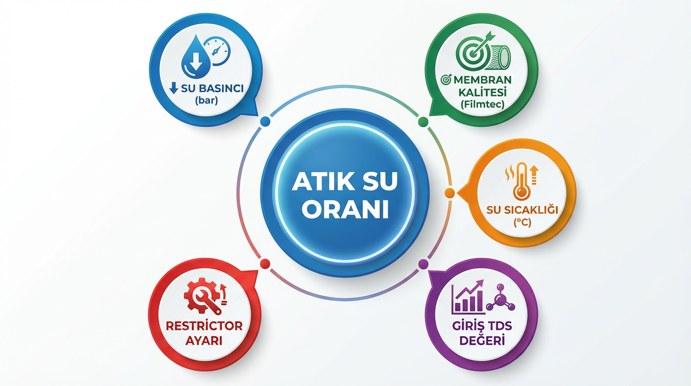 Su arıtma cihazında atık su oranını etkileyen faktörler infografiği basınç membran pompa