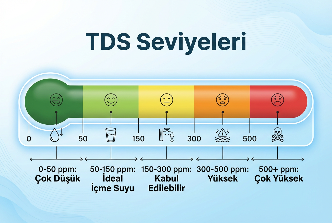 TDS değer aralıkları bilgi grafiği: 0-50 ppm çok düşük, 50-150 düşük, 150-300 kabul edilebilir, 300-600 orta-yüksek, 600-1000 yüksek, 1000+ çok yüksek aralıklarını gösteren renkli ölçek