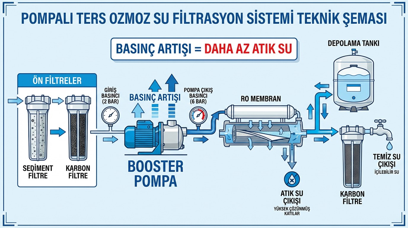 Su Arıtma Cihazında Atık Su Nasıl Azaltılır? Pompalı Sistemler, Filmtec Membran ve Teknik Çözümler 2 pompalı ters ozmoz su arıtma cihazı çalışma prensibi